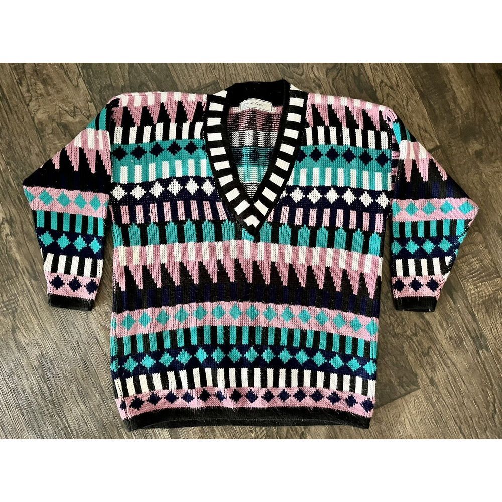 Vintage 80s 90s Geometric Womens Sweater Acrylic USA Chunky V-Neck Large BB